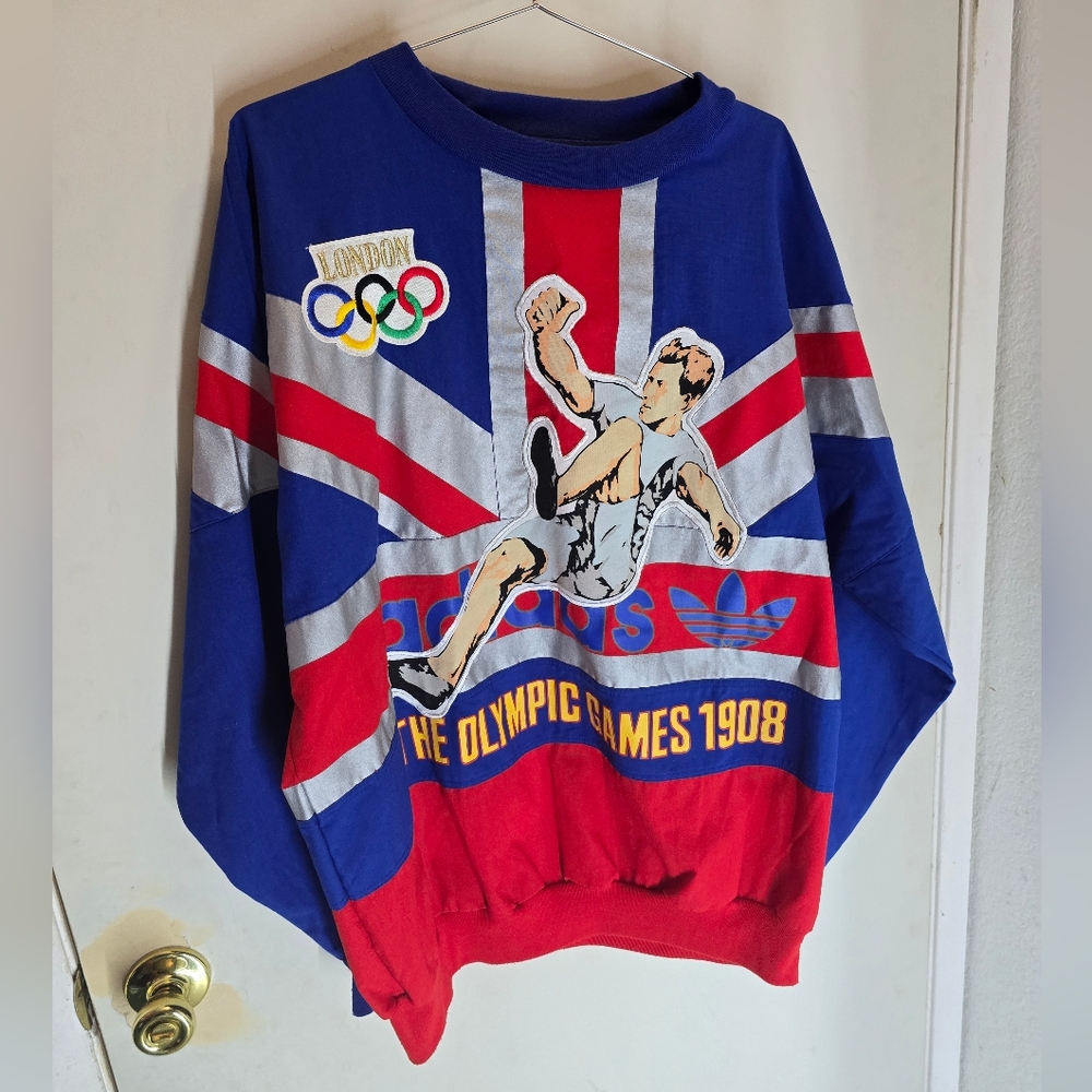 adidas Blue Red Silver Olympic Games Graphic Crewneck Sweatshirt